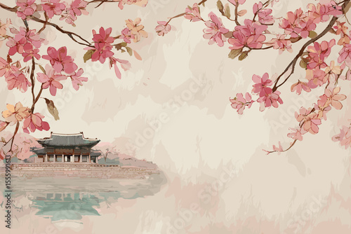 Oriental spring landscape with palace and blooming magnolia in Korean traditional painting style