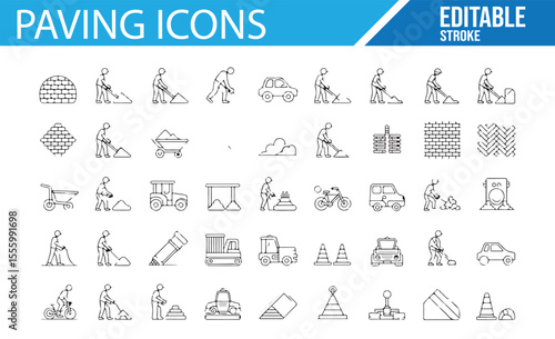 A collection of editable paving-related icons, including construction equipment, vehicles, and workers, representing roadwork and paving operations.