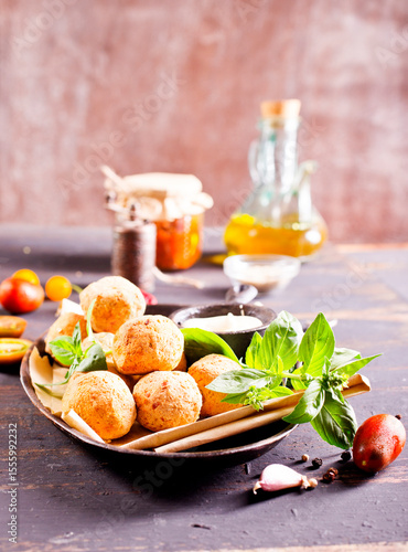 Overhead image of arabic snack falafel in the form of chickpea balls with spices.