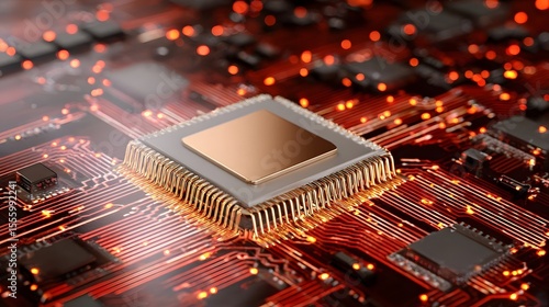 Detailed view of a complex copper CPU microchip with intricate circuitry and glowing red energy pathways set against a futuristic motherboard background