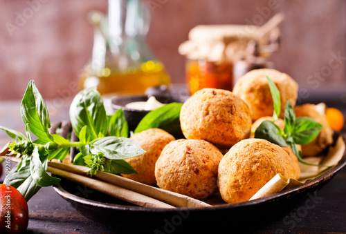 Overhead image of arabic snack falafel in the form of chickpea balls with spices.