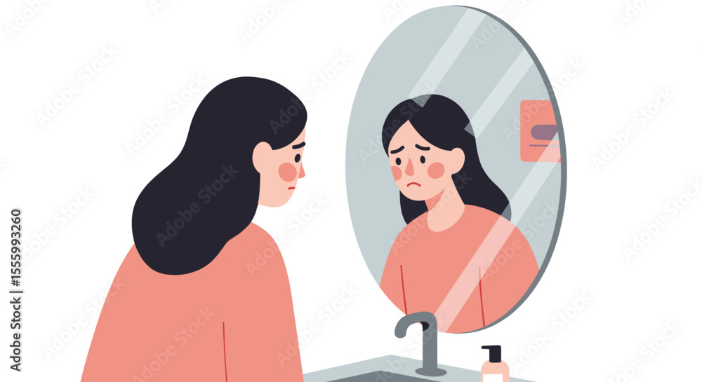 Fototapeta premium Girl looking into bathroom mirror upset, feeling emotional and worried 