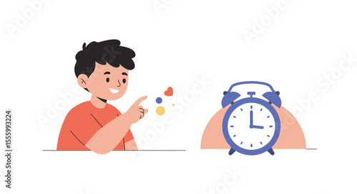 Boy learning to tell time while interacting with colorful toys  