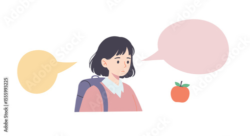 Girl ignored by classmates looking thoughtful with backpack and apple  