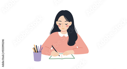 Girl writing essay on paper while sitting at a desk with pens  