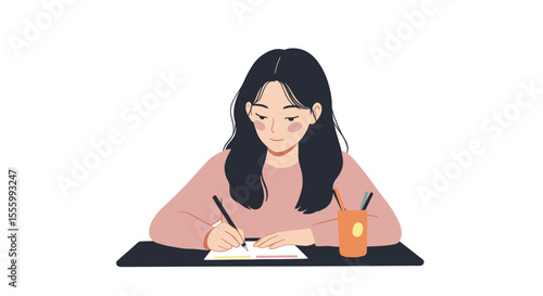 Young woman writing essay on paper while sitting at a table  