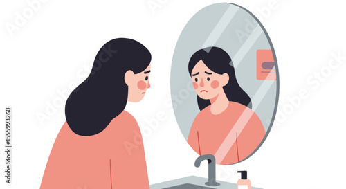 Girl looking into bathroom mirror upset, feeling emotional and worried  