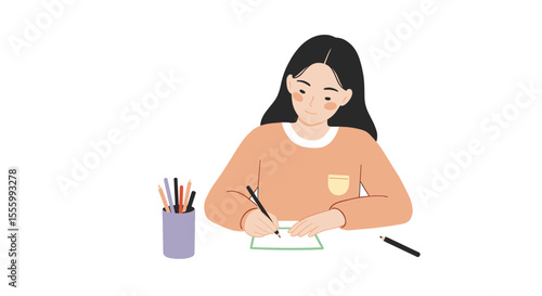 Girl writing essay on paper in casual outfit at home desk  