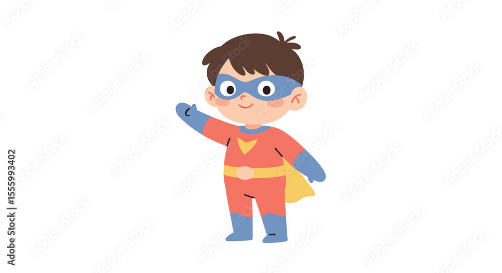 Preschooler in superhero costume standing with raised hand and smile Preschooler in superhero costume standing with raised hand and smile