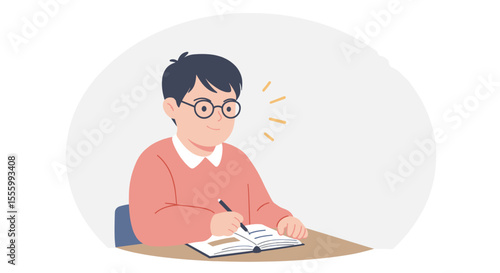 Boy with Down syndrome studying and writing in classroom  