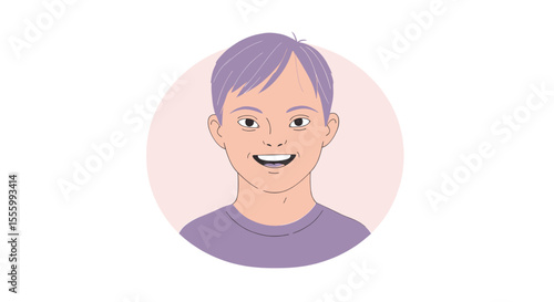 Teen with Down syndrome smiling in a circular illustration  
