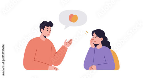 Teacher talking to upset student in colorful illustration  