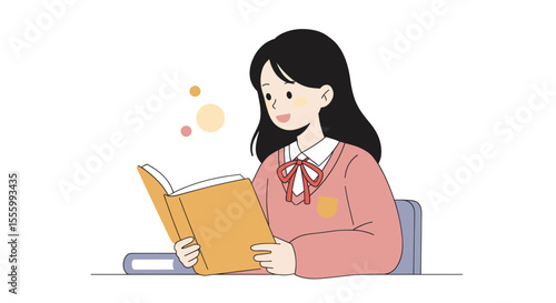 Girl reading aloud in class with a smile and sitting at a desk  