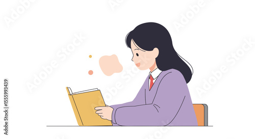 Girl reading aloud in class with a smile while seated at a desk  