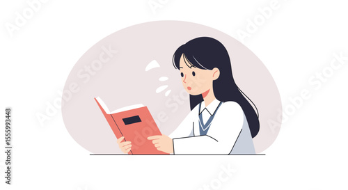 Girl reading aloud in class and looking surprised at book  