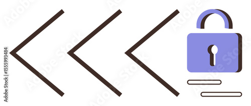 Three left-pointing arrows beside a padlock icon, representing data flow, security, and restricted access. Ideal for cybersecurity, encryption, privacy, technology, control direction simple landing