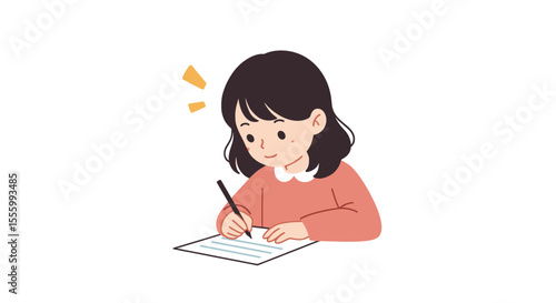 Girl writing essay on paper with smile in casual outfit indoors  