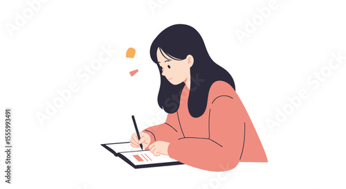 Girl writing essay on paper while sitting at a desk indoors  