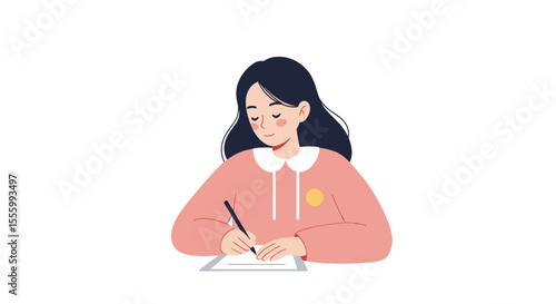 Girl writing essay on paper with smile in casual outfit indoors  