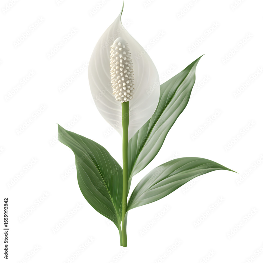 Obraz premium A peace lily flower with delicate leaves against a black background.