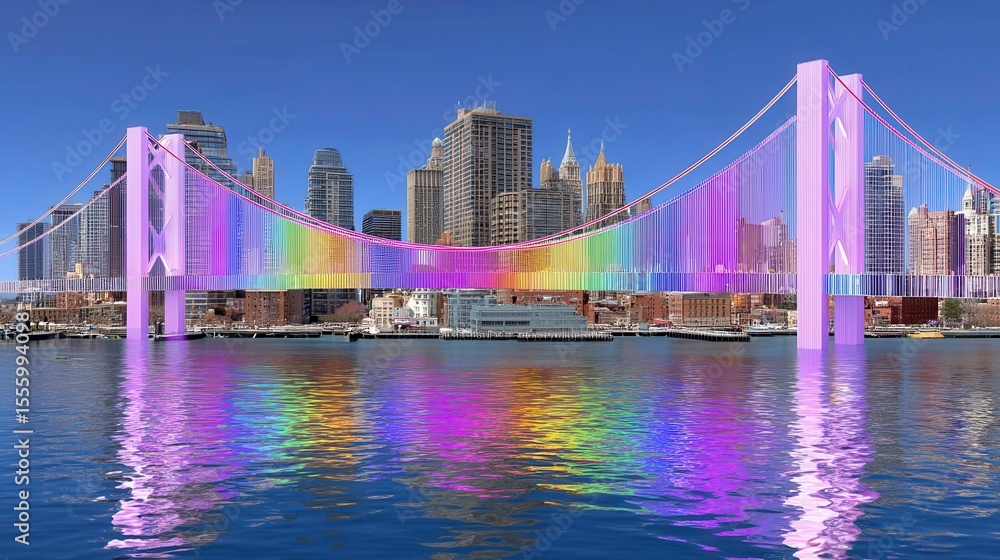 Fototapeta premium Colorful Bridge, Cityscape, Urban Landscape, and Water Reflection. Modern bridge with rainbow colors in an urban skyline reflecting in water.