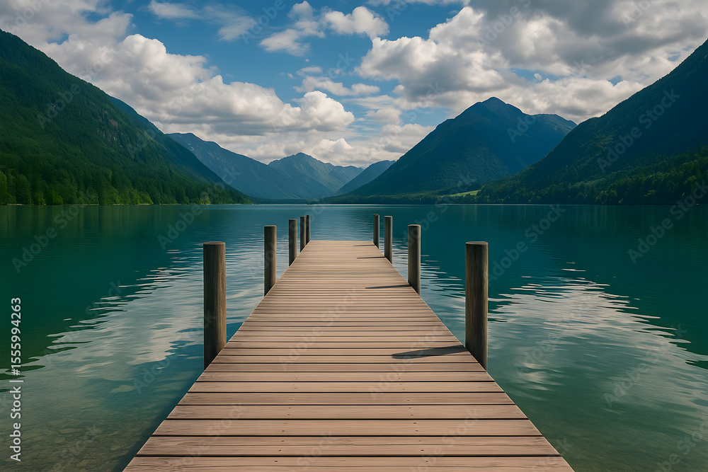Fototapeta premium Wooden Dock Extending into Mountain Lake with Scenic Forest View