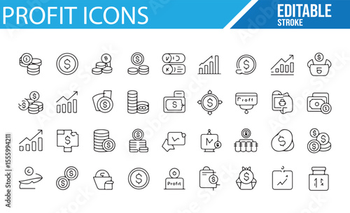 Set of Editable Icons Depicting Profit, Earnings, and Revenue