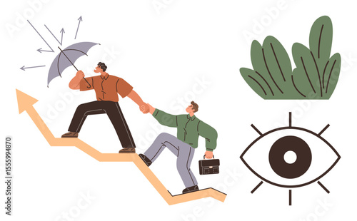 People climbing an upward graph symbolizing growth and resilience, while holding hands for support. Includes an umbrella deflecting arrows, an open eye, and plants. Ideal for leadership, teamwork
