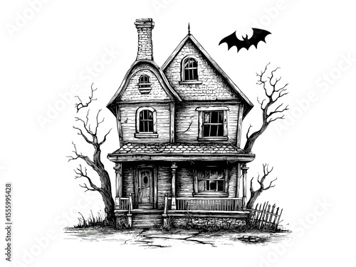Halloween haunted house engraving, spooky October decor, vintage black sketch style, hand-drawn horror house illustration, old engraving style, seasonal spooky art, eerie night design