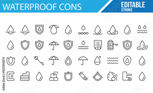 A collection of simple, editable icons depicting waterproof concepts including water droplets, shields, umbrellas, and various protection symbols.