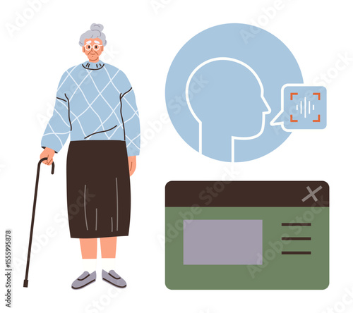 Elderly woman standing with cane, voice recognition symbol, and UI panel represent accessible technology, communication, elderly care, health, inclusivity, innovation, simple flat metaphor