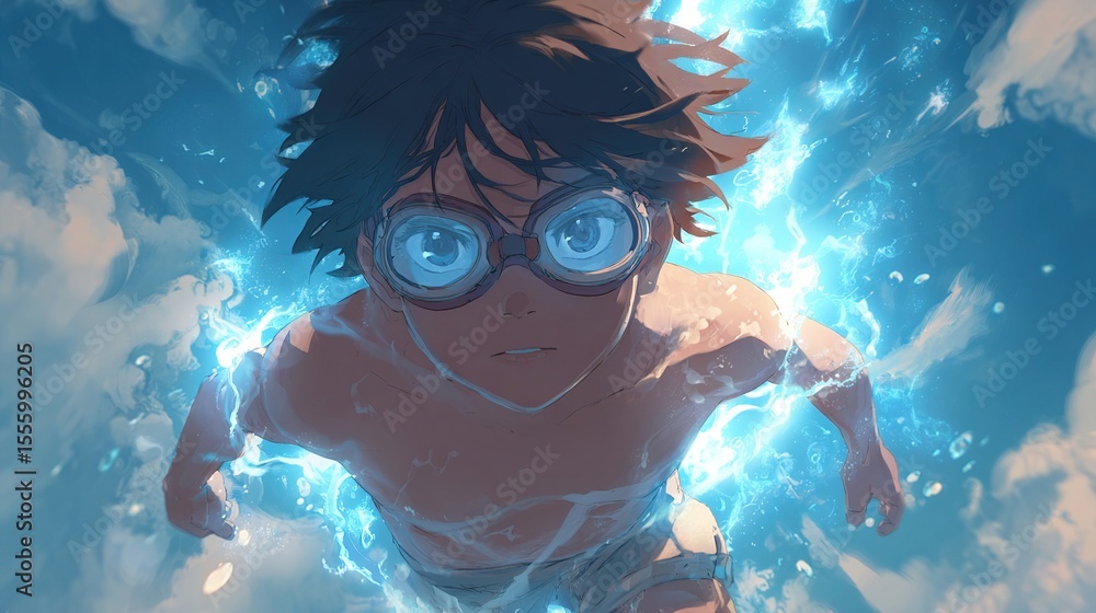 Naklejka premium A young swimmer bursts through water, energized by powerful currents