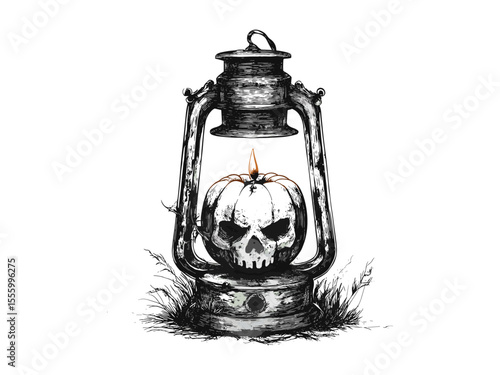 Halloween lantern with candle engraving, vintage spooky decor, retro horror holiday icon, hand-drawn black sketch style, old engraving style, seasonal gothic illustration, eerie decoration