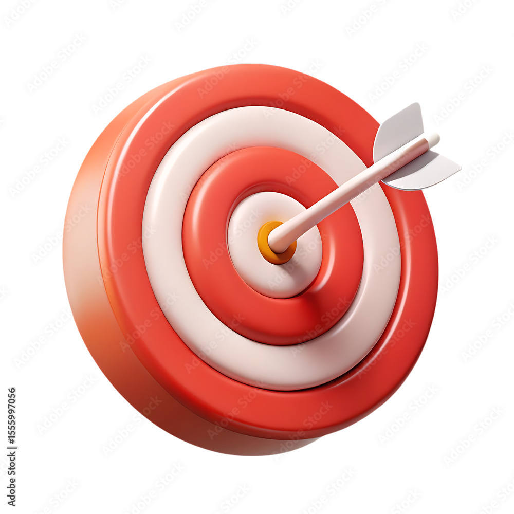 A red and white 3d target with an arrow in the bullseye isolated on transparent background A red and white 3d target with an arrow in the bullseye isolated on transparent background
