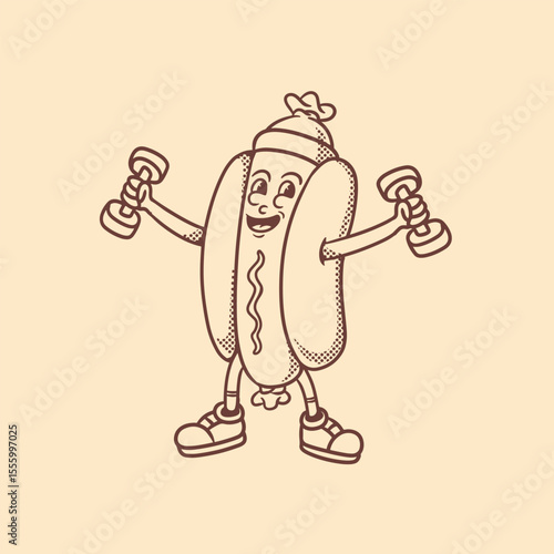 mascot character hotdog workout good for logo, branding, mascot retro, restaurant, cafe, etc