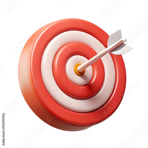 A red and white 3d target with an arrow in the bullseye isolated on transparent background