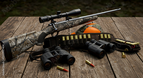 Sport hunting gear, modern hunting rifle with camouflage stock, binoculars, and cartridge belt arranged neatly on rustic wooden surface