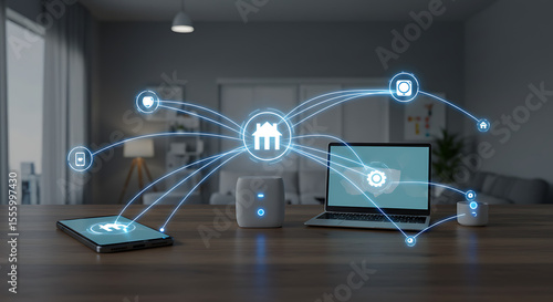 Smart home technology seamlessly integrates devices, connecting a laptop, smartphone, and smart speaker for convenient home control.