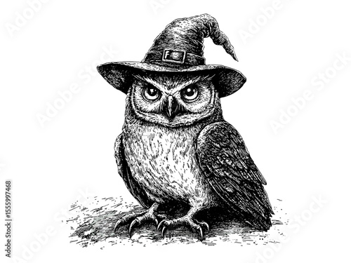 Halloween owl with witch hat, spooky bird decor, vintage black line sketch, hand-drawn horror motif, old engraving style, October illustration, Halloween art, gothic tattoo design, seasonal artwork