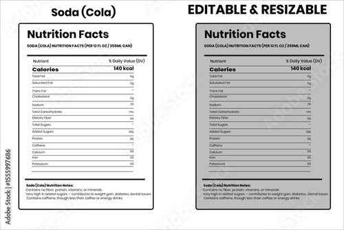 Soda (Cola) nutrition facts, nutrition facts, food label, calorie chart, protein infographic, healthy eating, vitamin chart, editable template, diet plan, meal prep nutrition, food packaging label
