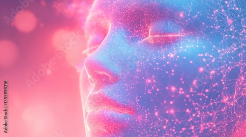 Neurocosmetic, facial skin with molecules interacting with skin sensors, nerves glowing subtly, conceptual futuristic overlay of brain activity patterns