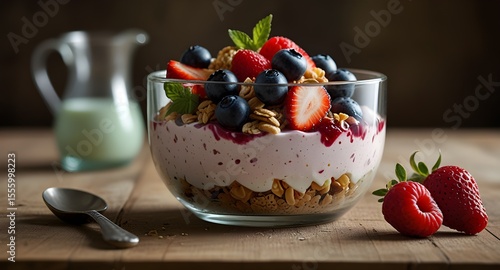 A beautifully arranged yogurt parfait featuring vibrant berries and crunchy granola, set against a warm, rustic background. 