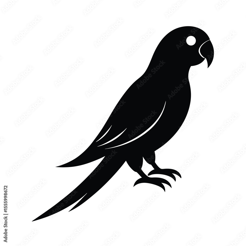 Fototapeta premium Simple Black Silhouette of a Parrot Perched on a White Background