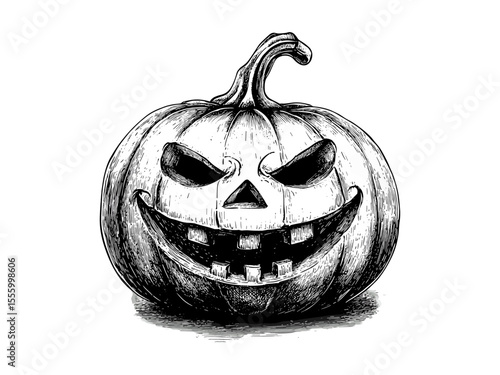 Retro vintage Halloween pumpkin face, black sketch with scary expression, old engraving style, spooky seasonal art, trendy Halloween decor, classic autumn illustration, creepy outline,