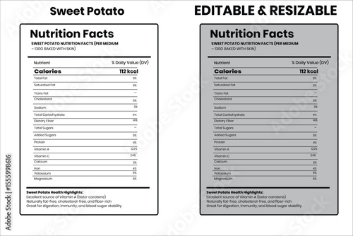 Sweet Potato nutrition facts, nutrition facts, food label, calorie chart, protein infographic, healthy eating, vitamin chart, editable template, diet plan, meal prep nutrition, food packaging label
