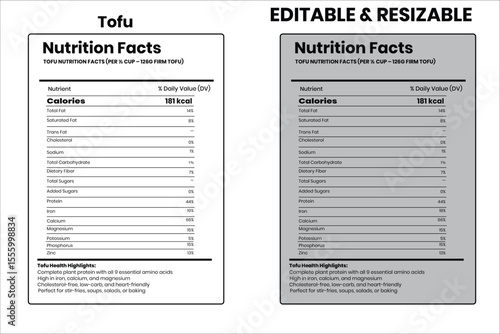 Tofu nutrition facts, nutrition facts, nutrition, nutrition label, calories in food, nutrition info, supplement facts, vector template
 