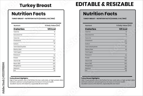 Turkey Breast nutrition facts, nutrition facts, food label, calorie chart, protein infographic, healthy eating, vitamin chart, editable template, diet plan, meal prep nutrition, food packaging label
