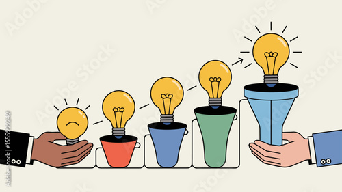 hands guiding lightbulb ideas through a development funnel, vector illustration for innovation pipeline, idea incubation and business growth strategy