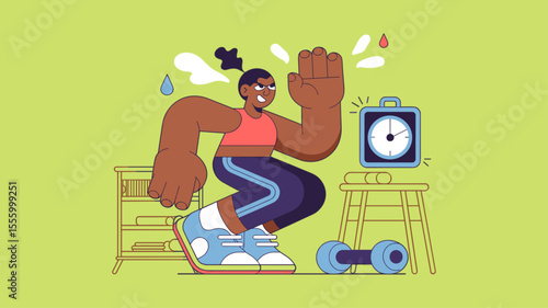woman doing high-intensity interval training at home, vector illustration for hiit workout, home fitness routine and cardio exercise