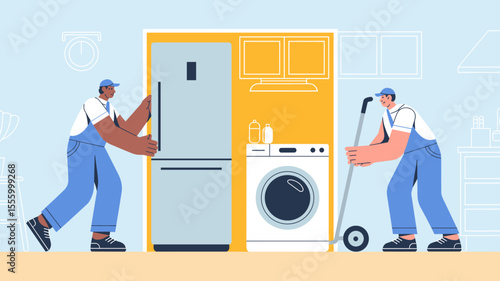 two movers delivering refrigerator and washing machine, vector illustration for home appliance installation, moving service and relocation logistics